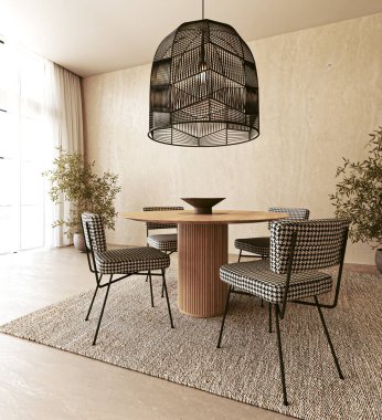 Tazı desenli sandalyeler, parlak siyah bir kolye lambası ve doğal ışık tarafından aydınlatılmış doğal bir ahşap masa içeren zarif bir yemek alanı.