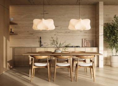 An elegantly arranged kitchen dining space featuring unique pendant lighting and a wooden dining set in a contemporary interior clipart