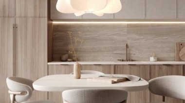 Gösterişli bir modern mutfakta doğal ahşap dokular, zarif mobilyalar ve eşsiz bir heykel aydınlatma armatürü, işlevselliği tarzla harmanlama özelliği sergileniyor. Yüksek kalite 4k görüntü