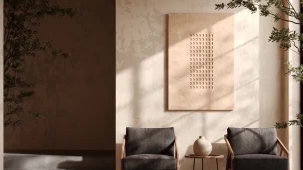Nyugodt Társalgó Sarok Absztrakt Fali Művészettel Kényelmes Fából Készült Fotelekkel — Stock videók