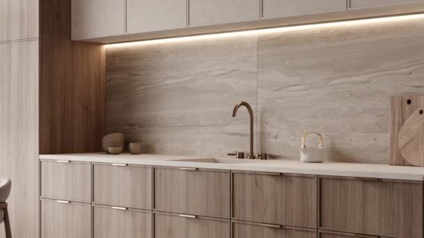 Detailní Záběr Moderní Kuchyně Dřevěnými Skříněmi Tvarovaným Zadním Postřikem Osvětleným — Stock video