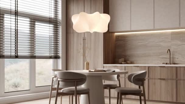 Een Moderne Keuken Eethoek Badend Natuurlijk Licht Met Houten Design — Stockvideo