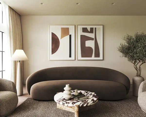 A sophisticated beige toned living room decorated with modern abstract artwork, a lush olive tree, and a smooth curved sofa. 3d rendering