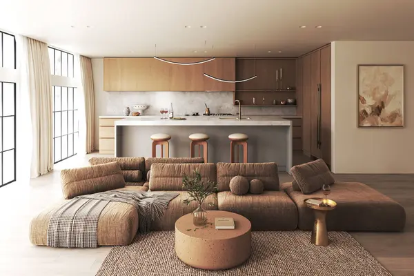 Open concept living area featuring luxurious sofas and a well-equipped kitchen, blending comfort with modern aesthetics