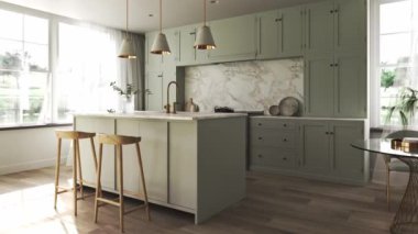 Japandi modern scandinavian style apartment kitchen interior design. Decoration with green pastel counter, wooden cabinet and marble counter top. 3d rendering. High quality 3d illustration.