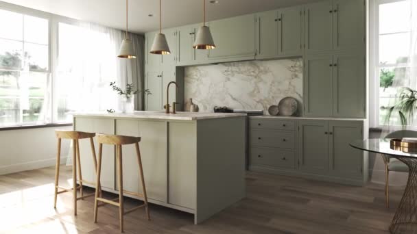 Japandi Modern Scandinavian Style Apartment Kitchen Interior Design Decoration Green — Stockvideo