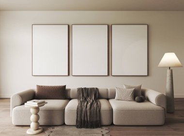 Şık bej bir kanepe, boş çerçeveli ve zemin lambasıyla minimalist bir oturma odasının süsüdür.