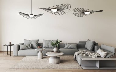 Şık dekorlu modern oturma odası, modaya uygun ışıklandırma, rahat bölmeli kanepe, şık modern estetik