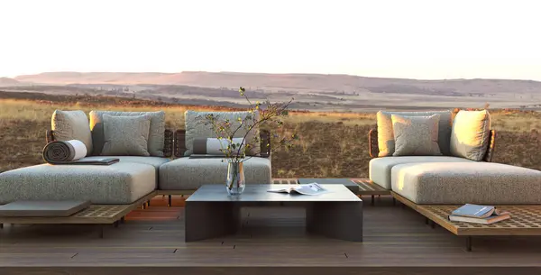 stock image Outdoor living area on a wooden deck featuring modern furniture with a picturesque landscape backdrop during a tranquil sunset. 3d render