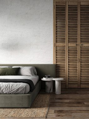 Bu yatak odası köşesi rustik cazibeyi modern elementlerle harmanlıyor, ahşap bir gardırop ve zarif mermer sehpalar, 3D görüntüleme.