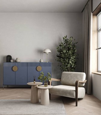 Rahat bir koltuğu olan şık bir oturma odası köşesi, altın dokunuşlu modaya uygun mavi büfe, ve sıcak doğal ışık, 3D görüntüleme.