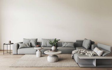 Şık dekorlu modern oturma odası, modaya uygun ışıklandırma, rahat bölmeli kanepe, şık modern estetik, 3D tasarım.