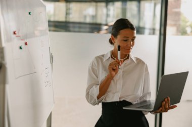 Kendine güvenen bir iş kadını, modern ofis ortamında dizüstü bilgisayar kullanarak fikirlerini ve planlarını sunuyor.