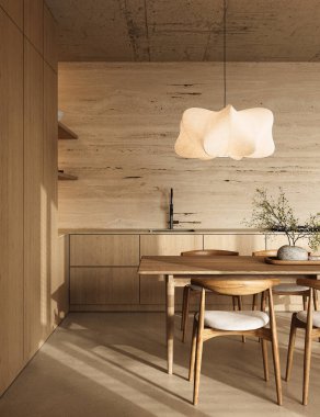 Parlak İskandinav yemek odası, doğal ahşap bir masa, tasarımcı sandalyeleri, şık kolye ışıkları, 3D işlemeli.
