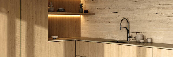 A minimalist kitchen design showcasing clean lines, warm wood cabinetry, and modern fixtures, with a focus on simplicity and elegance, 3d rendering