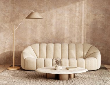 Konforlu bej oturma odası pelüş kıvrımlı kanepe ve yuvarlak mermer sehpa, İskandinav zarafeti, 3D görüntüleme