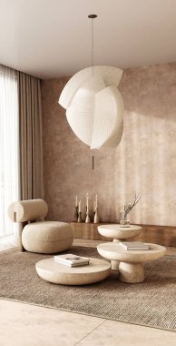 Bu şık minimalist oturma odası yumuşak dokular ve zarif, modern şekiller ve tasarımların bir karışımını sergiliyor.
