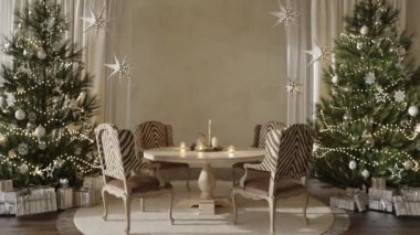 Dekorasyonlu ağaçlar ve sıcak bir ortam ile güzel bir şekilde düzenlenmiş Noel yemeği alanı gösterisi. Yüksek kaliteli 4K video, 3D görüntüleme