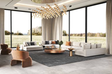Şık oturma odası modern mobilyalar ve güzel bir dış manzara gösteren geniş pencereler içeriyor, 3D görüntüleme.