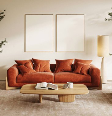 Çağdaş yaşam alanı canlı turuncu bir kanepe, parlak bir kahve masası ve minimalist bir dekor içerir.