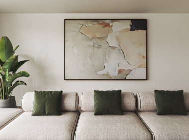 Şık oturma odası soyut sanat eserleri ve yemyeşil, çağdaş dekorasyon için mükemmel.