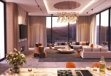 Modern mobilyaların ve geniş pencerelerin yer aldığı şık bir oturma odası. Dağ manzarası, 3D görüntüleme.