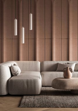 Oturma odası yumuşak tonlu ve zarif döşemeleriyle minimalist bir tasarıma sahip. Sıcak, davetkar bir alan yaratıyor.