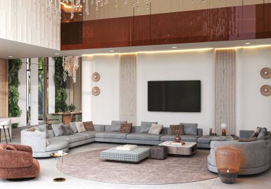 Bu zarif oturma odasında geniş bir bölüm koltuğu şık bir dekor ve modern, davetkar bir ortam var.