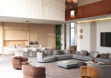 Zarif bir şekilde tasarlanmış oturma odası modern mobilyalar, açık bir alan, ve çeşitli doğal elementler, 3D görüntüleme