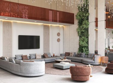 Bu şık yaşam alanı modern bir estetik sergiliyor. Çağdaş mobilyalar, yemyeşil, rahatlatıcı renkler, 3D renkler.