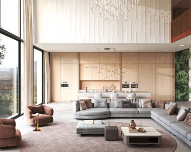 Bu modern yaşam alanı, şık dekorlu ve büyük pencereli, bütün gün doğal ışıkla dolu, canlı bir titreşim yaratıyor, 3D görüntüleme