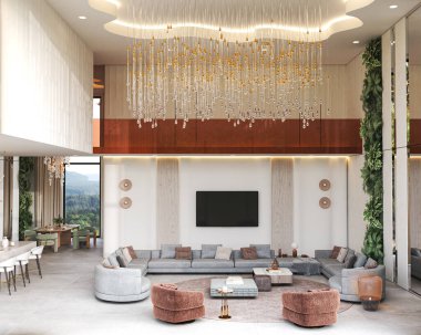 Bu şık ve davetkar oturma odasında modern bir avize, rahat bir oturma düzeni ve güzel bir yeşillik sergileniyor.