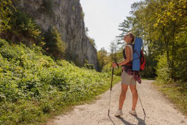 Genç bir yürüyüşçü, güzel bir günün sıcacık güneşinin altında doğa güzelliğini takdir etmek için manzaralı bir yolda durur.