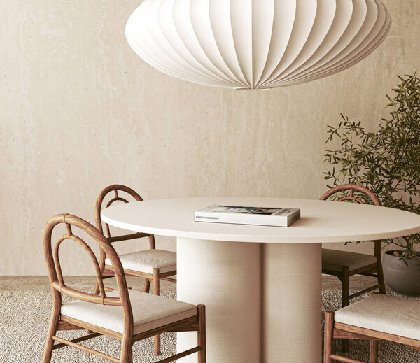 Chic dining room with a stylish round table, elegant chairs, and a unique pendant lamp illuminating the space, 3d rendering