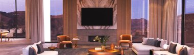 Çağdaş bir tasarımın yanı sıra nefes kesici ve manzaralı dağ manzaralı, 3 boyutlu bir oturma odası deneyin.