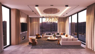 Şık ve modern oturma odasında geniş pencereler ve zarif bir genel tasarım, 3D sunumu var.