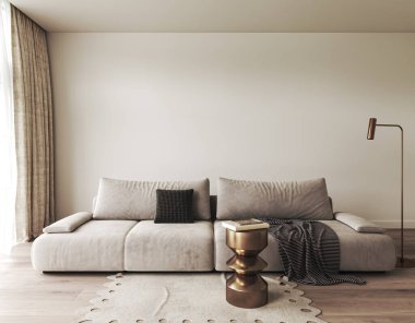 Çağdaş bir kanepenin, sıcak tonların ve eşsiz dekoratif elementlerin bulunduğu şık ve şık bir oturma odası.