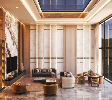 Yüksek tavanlı, mermer aksanlı, sıcak ışıklandırmalı ve lüks mobilyalı çarpıcı modern bir oturma odası..