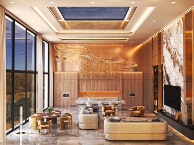 Zeminden tavana kadar pencereleri, altın aksanları ve modern mobilyaları olan yüksek bir oturma odası. Mermer döşeme, sanatsal duvar tasarımı ve sıcak ışıklandırma sofistike ve davetkar bir ortam yaratır..