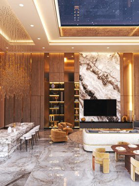 Mermer döşemeli, ahşap panelli ve zarif ışıklandırmalı modern lüks oturma odası. İç mekanda bir tasarımcı avizesi, şık mobilyalar, büyük bir televizyon ve bir mutfak alanı yer alıyor..