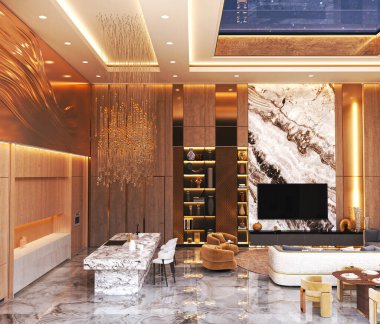 Modern oturma odası mermer mutfak adası, zarif avize, ahşap paneller ve dekoratif ışıklandırma. Büyük bir televizyon, açık bir raf ve parlak bir tavan tasarımı..