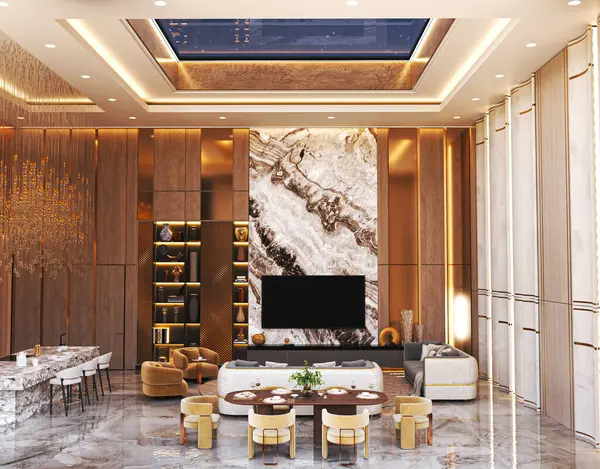 Yüksek tavanlar, mermer bir televizyon duvarı ve altın ışığın olduğu büyük bir oturma odası. Zarif mobilyalar, bir beyan avizesi ve bir tavan penceresi..
