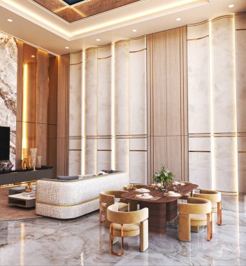 Modern mobilyalar, mermer döşeme, çevre aydınlatması ve lüks bir yaşam alanındaki yemek alanının yer aldığı zarif bir açık plan.. 