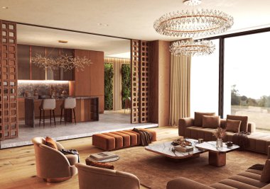 Toprak tonlu mobilyalar, mermer kahve masaları, tasarımcı avizeleri ve şık bir mutfak adası içeren modern açık konsept.. 