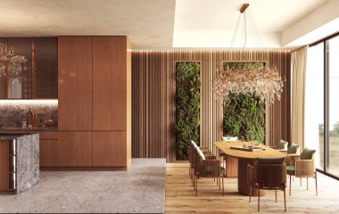 Doğal ahşap kaplamalı sofistike yemek alanı, dikey bahçe panelleri, kristal bir avize ve bol miktarda ışık için geniş pencereler.. 