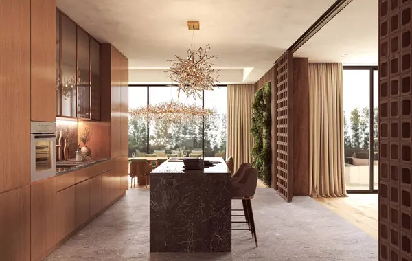 Koyu mermer adalı gösterişli mutfak tasarımı, ahşap dolap, sanatsal avizeler, ve tavandan tavana yemek alanına açılan pencereler.. 