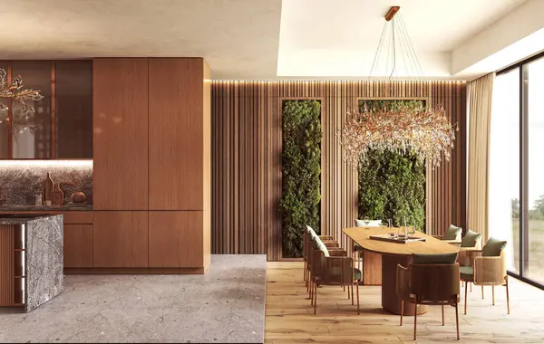 Doğal ahşap kaplamalı sofistike yemek alanı, dikey bahçe panelleri, kristal bir avize ve bol miktarda ışık için geniş pencereler.. 