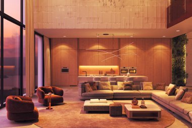 Kıvrımlı, heykel şeklinde ışıklandırma, minimalist mutfak ve uzun pencerelerden panoramik günbatımı manzaralı çağdaş yaşam alanı. 