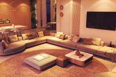 Geniş kıvrımlı bir kanepe, sıcak ortam aydınlatması, modern dekorasyon ve görünürde minimalist bir mutfak içeren açık bir konsept yaşam alanı.. 