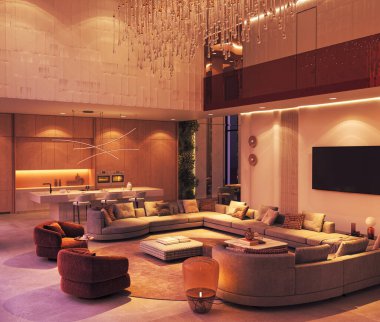 Zarif çift katlı yaşam alanı kıvrımlı kanepe, çevre aydınlatması, heykel avizesi ve şık bir mutfak adası.. 